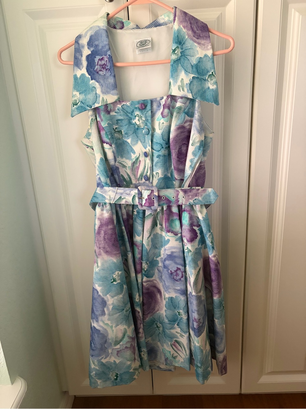Laura Ashley Floral Belted Dress in Blue, Aqua and Lavender